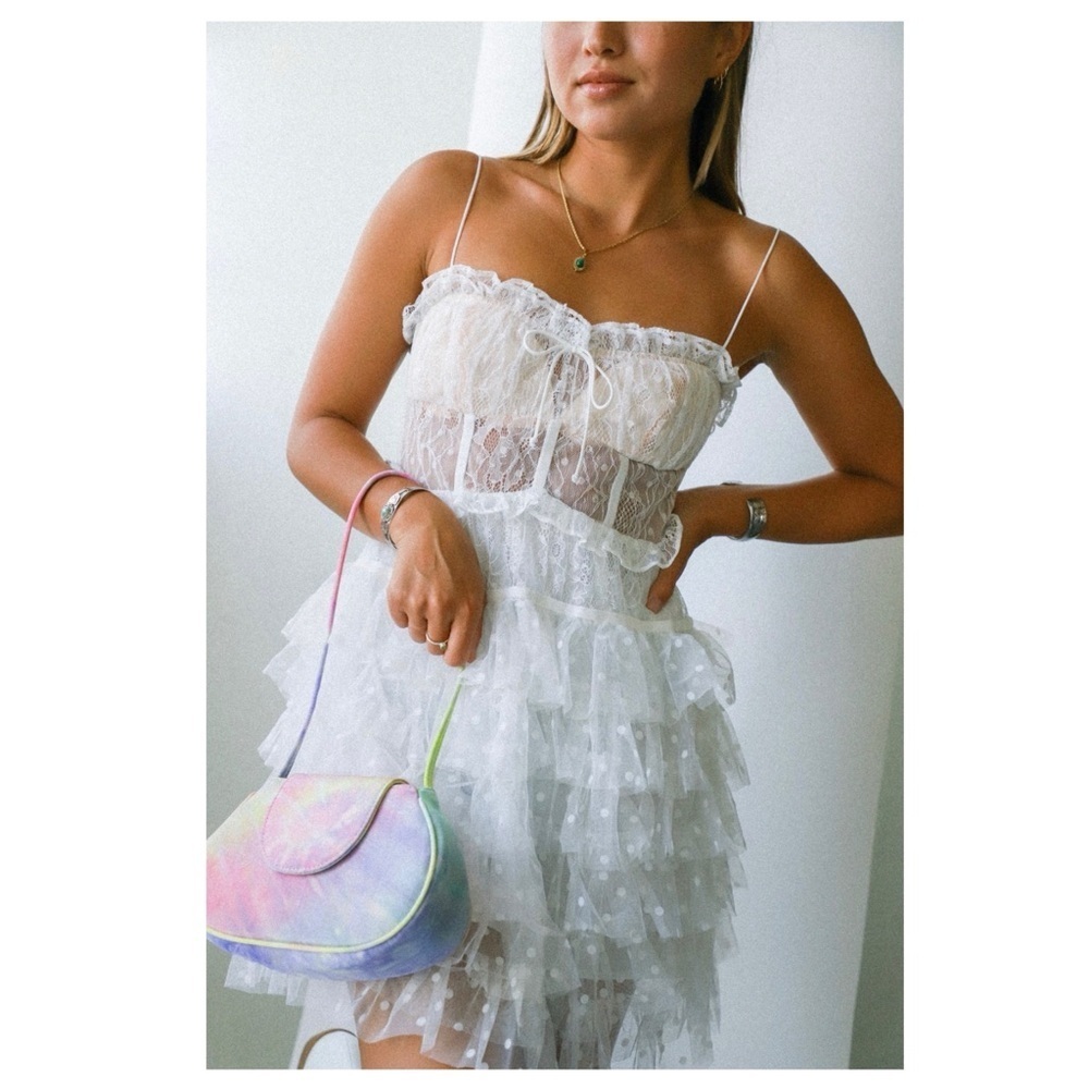 For Love & Lemons Coquette Ballet Romantic Jules Lacy Corset Mini Dress White L - Picture 7 of 16